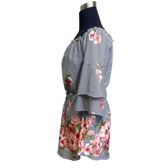 Women's Striped Floral Pattern Mini Dress Off Shoulder Size Large - Picture 2 of 15